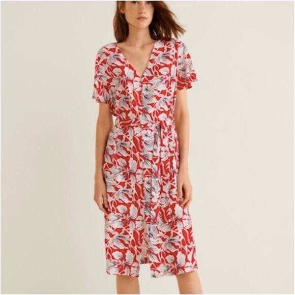 Mango Red Floral Wrap Midi Dress Short Sleeve Tie Waist Size Medium - Picture 10 of 10